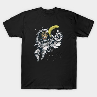 Funny Chimpanzee Astronaut Chasing Banana in Outer Space T-Shirt